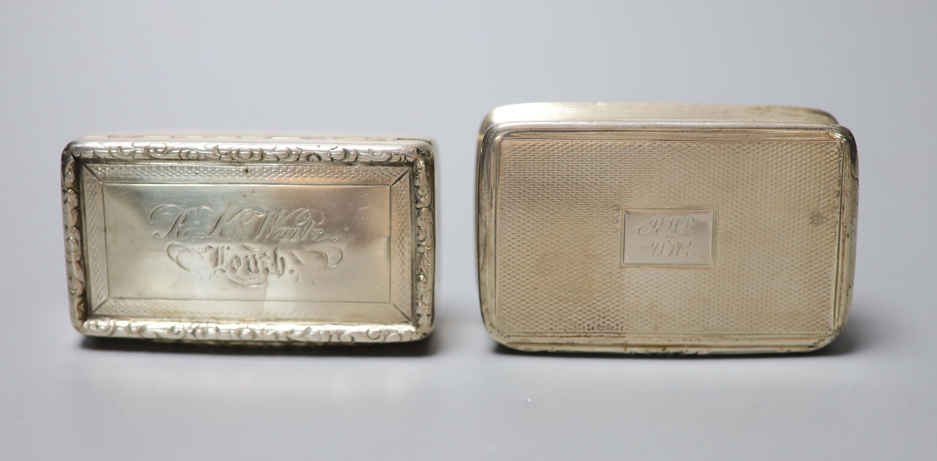 A William IV engine turned silver snuff box, Joseph Wilmore, Birmingham, 1836, 72mm and one other silver snuff box.